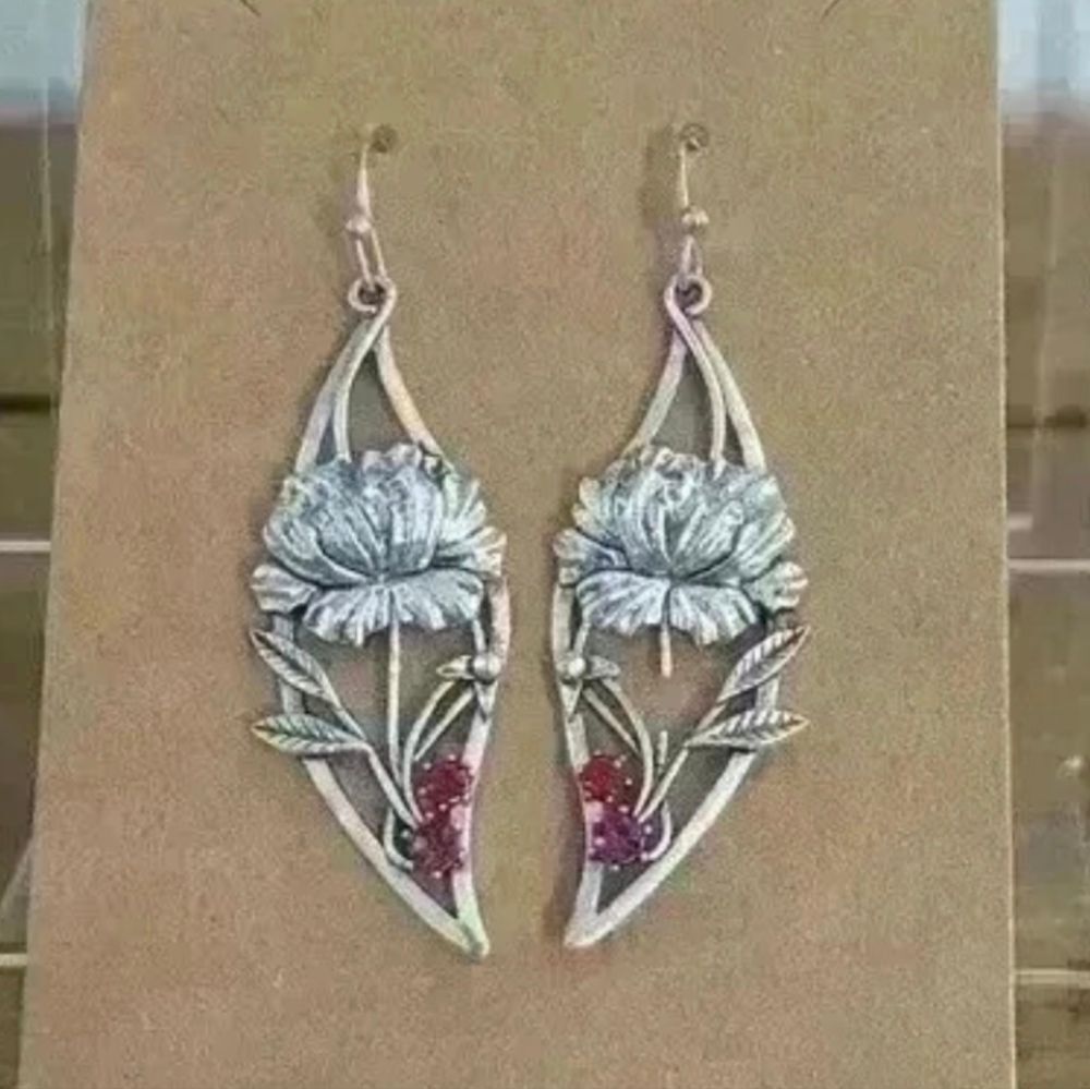 Silver Tone Flower Drop Earrings w/ Pink and Red Rhinestone